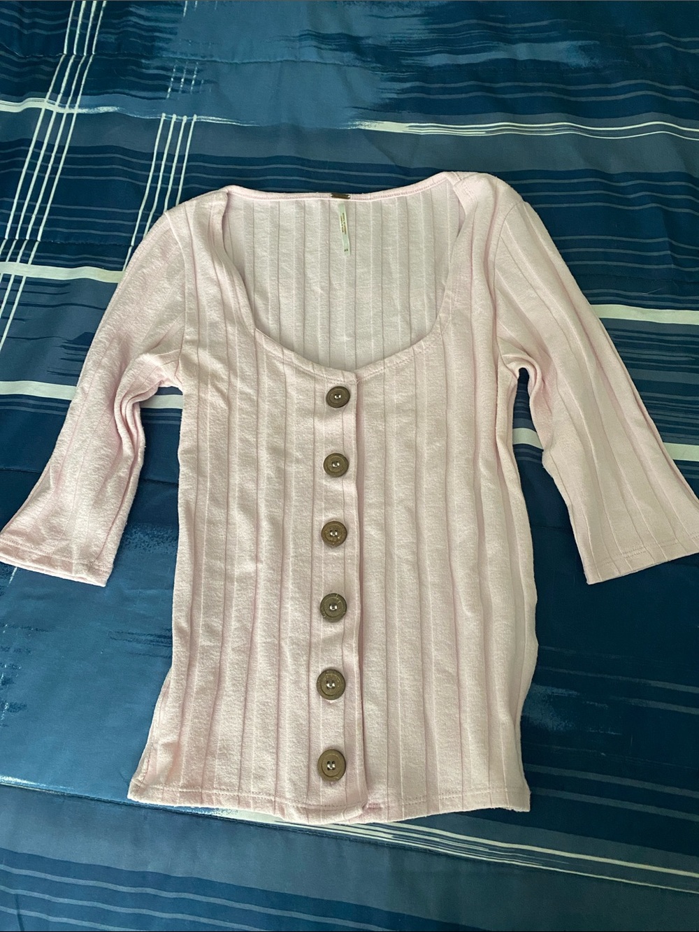 Free People Pink Ribbed Button-Front Top
